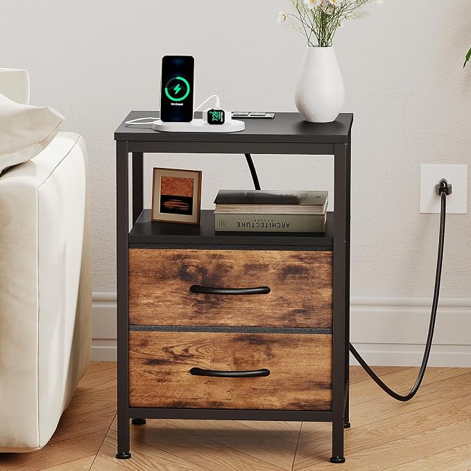 DUMOS Nightstand with Charging Station Built in USB Ports and AC Outlets Bedside Table with Adjustable Fabric Drawer and Open Shelf Modern End Table for Bedroom,Black and Brown - Image 5
