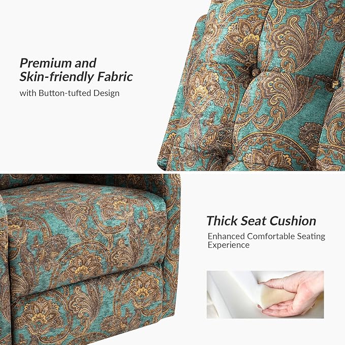 HULALA Home Recliner Chair Modern Printed Fabric for Living Room, Wingback Rocker Recliner Sofa Comfy Armchair 360 Degree Swivel, Nursery Rocking Chairs with Adjustable Backrest & Footrest/Teal