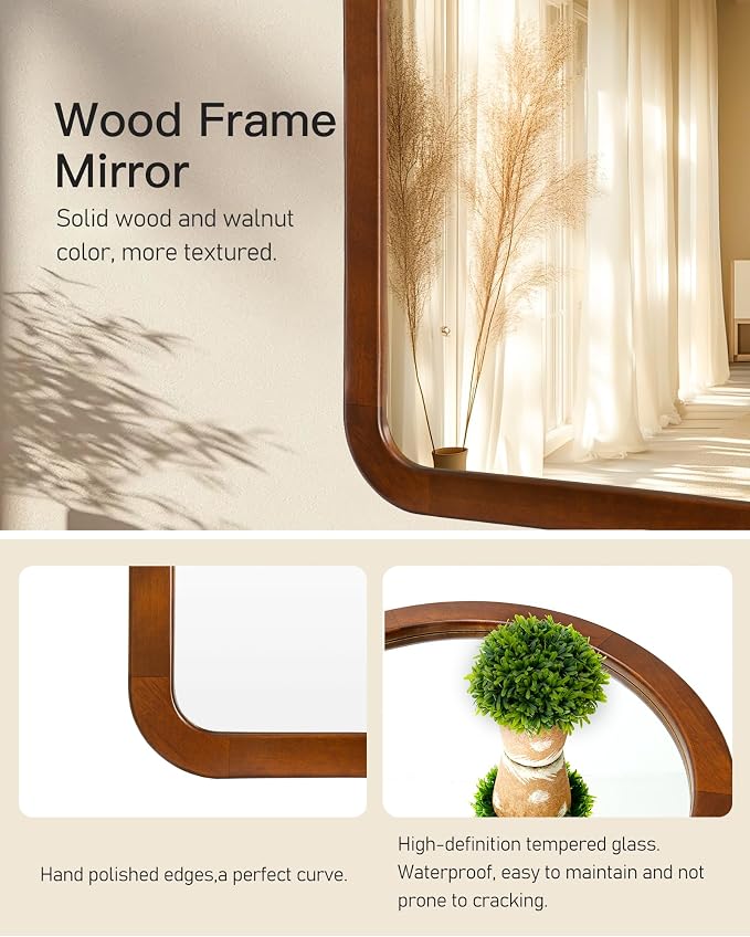 Arched Mirror 24 x 36 Inch,Walnut Brown Wood Rustic Bathroom Tempered Wall Mirror with Wood Frame,Round Corner Arch Farmhouse Wooden Vanity Mirror for Living Room,Entryway or Bedroom - Image 7
