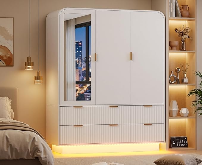 3 Door Wardrobe Closet with Mirror and LED Lights,Wooden Bedroom Armoires with Hanging Rods & Shelves, Drawers for Bedroom,Laundry Room,Cloak Room,White