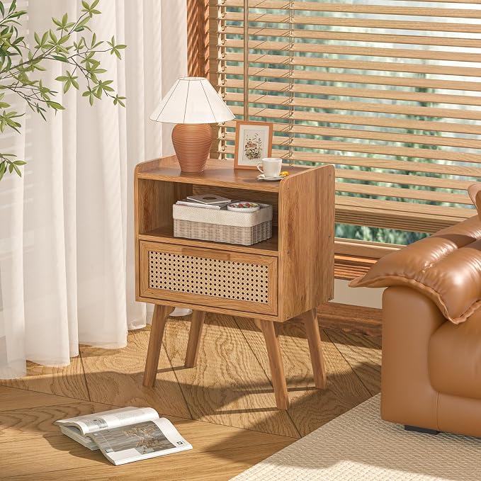 Lerliuo Rattan Nightstands Set of 2, Side Table with Drawer, Cane Accent Bedside End Table with Solid Wood Legs, Mid Century Modern Night Stand for Bedroom, Dorm and Small Spaces (Tea Brown) - Image 6