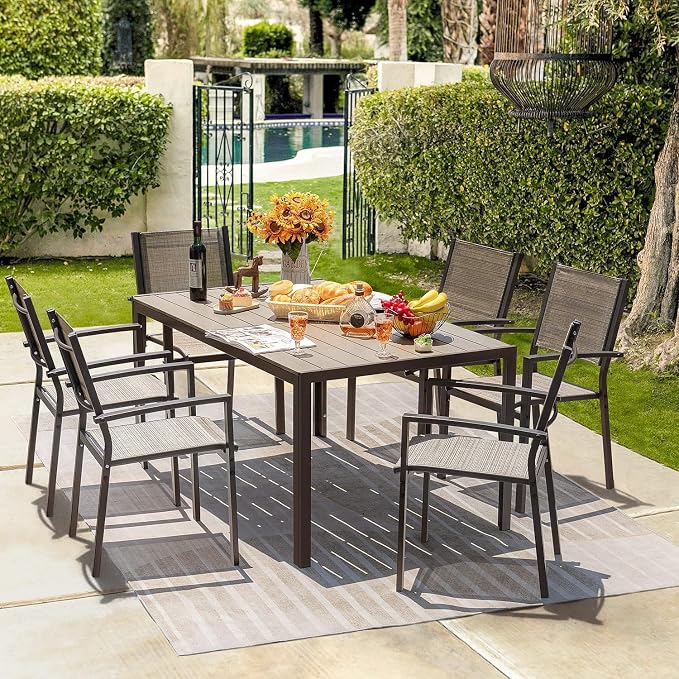 Homall Patio Dining Set 7 Pieces Outdoor Furniture with Large Table and 6 Textilene Chairs for Porch, Poolside, Yard and Garden, Brown - Image 2