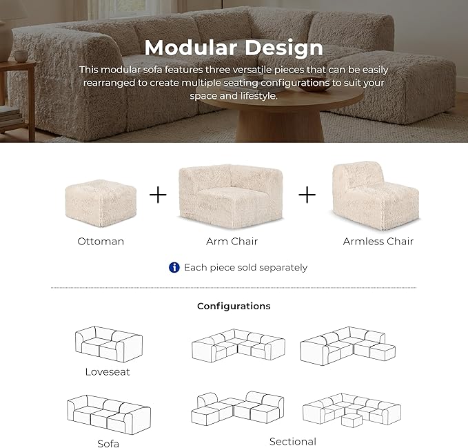 Furniture of America Havyn Modern Faux Fur 6-Seater Modular Foam Sofa Bed with Ottoman, Compressed Couch in a Box, No Assembly Required, for Living Room and Office, Sand