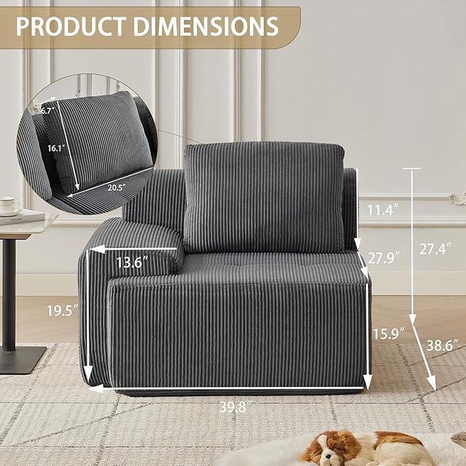 Modular Sectional Sofa with Movable Ottoman, 1 Seat Deep Seat Couch with 1Pillow, Comfy Cloud Sectional Sofa for Living Room, Bedroom and Apartment (Grey, 1 Left)
