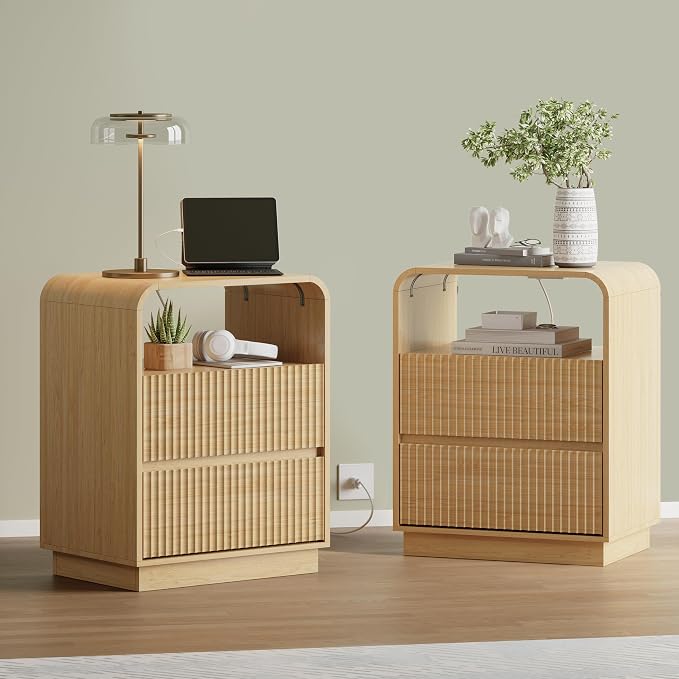 Wodeer Natural Oak Nightstand with Charging Station, Mid Century Modern Bedside Table & End Table, Fluted Wood Small Night Stand with 2 Hidden Drawers and Storage Shelf for Bedroom - Image 3