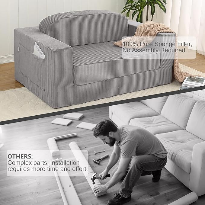 MeMoreCool Convertible Sofa Bed, Pull Out Loveseat Sleeper Sofa, Small Boneless Cloud Couch Bed for Adults, Fold Out Foam Love Seat, Corduroy Folding Floor Couch for Bedroom, Light Grey