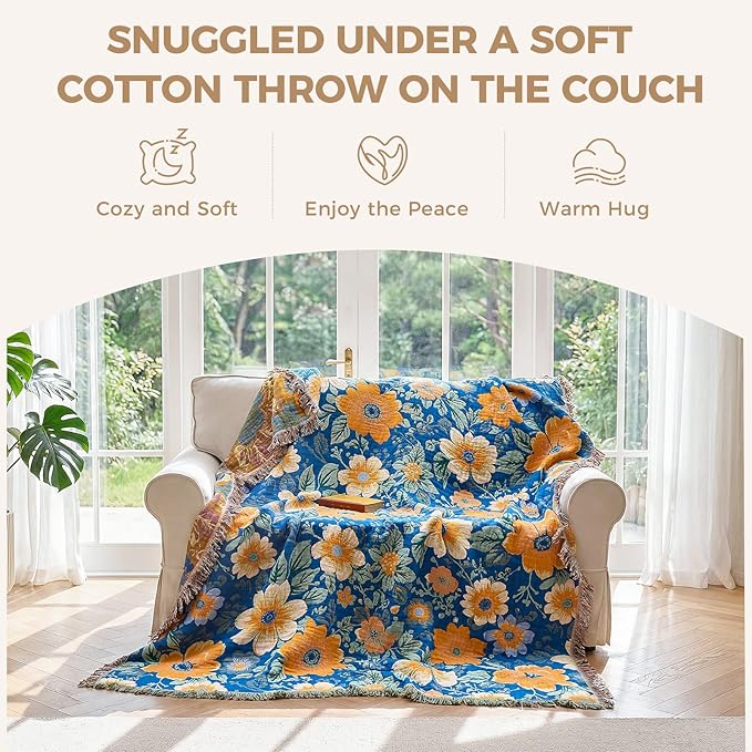 LUTBM Boho Throw Blanket for Couch Sofa Chair Cotton Spring Blankets for Bedroom Living Room All Season Lightweight Reversible Floral Embroidery Throws 50"x60"