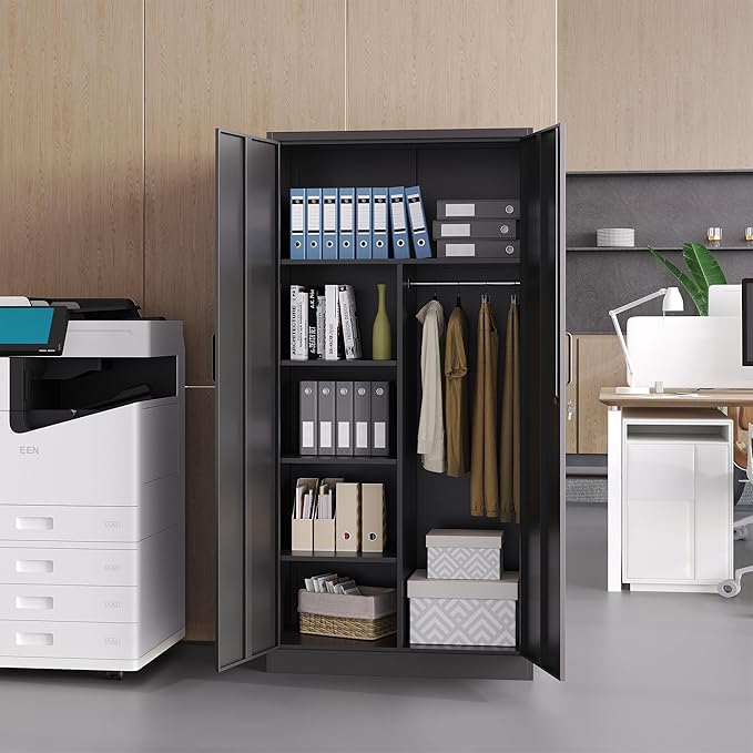Metal Armoire Wardrobe Closet,72" Metal Storage Cabinet with Lock, 18" D x 36" W Broom Closet with Adjustable Shelves and Hanging Rods, Steel Wardrobe for Home,Bedroom,Office,Employee