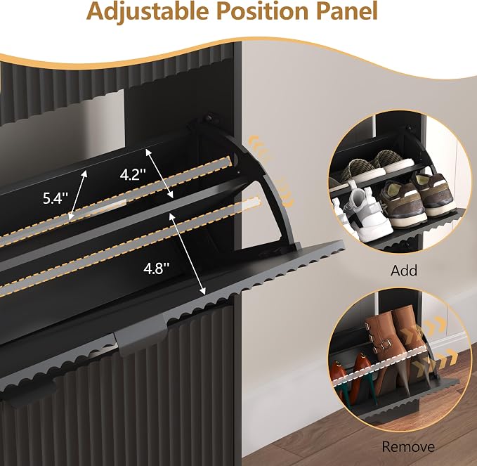 HUANLEGO Shoe Cabinet Storage for Entryway with 2 Flip Drawers, Black Fluted Shoe Cabinet with Open Storage, Wooden Hidden Shoe Rack Freestanding Narrow Slim Shoes Organizer for Hallway, Entrance - Image 6
