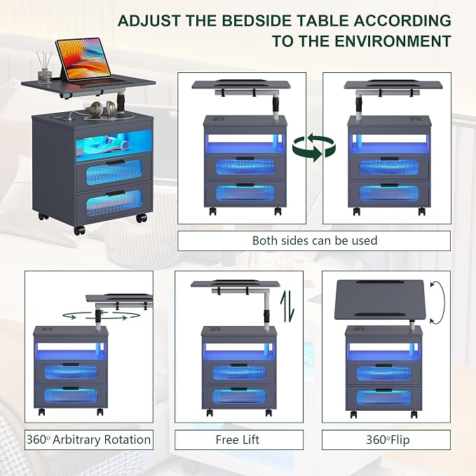 HNEBC LED Nightstand Set of 2 with Charging Station & Adjustable Overbed Desk, 3 Color LED Lights & Body Sensor, Mobile Bedside Table with Wheels, 2 Drawers & Open Shelf for Bedroom(Grey) - Image 4