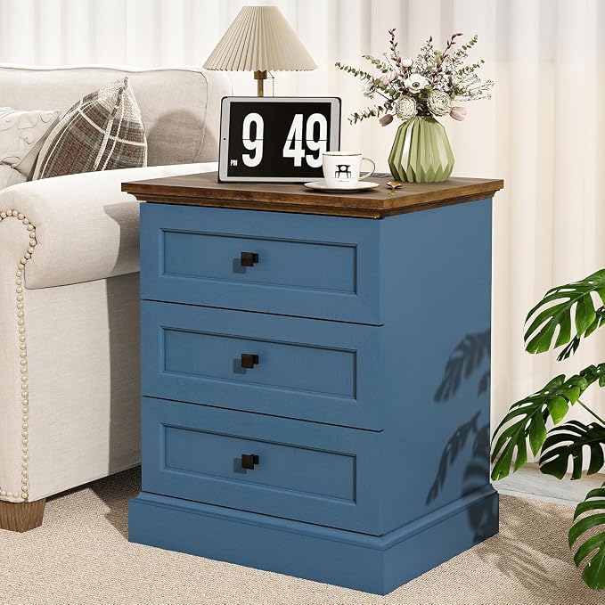 Night Stands Set 2 with Charging Station, Bedside Table with 2 Drawers Storage and Open Shelf, Wood Farmhouse Nightstands with Outlets for Bedroom Office, Blue - Image 2