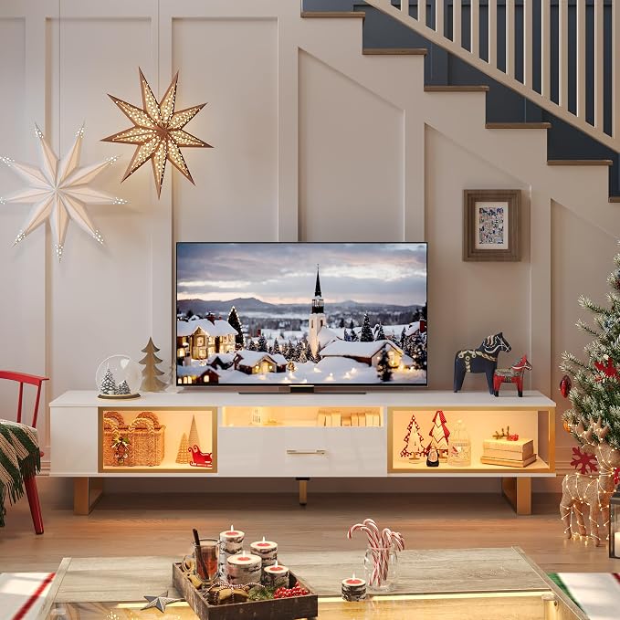Bestier TV Stand with LED Light for TVs up to 80 Inch, Modern Entertainment Center with Open Storage and Half-Glass Design Drawer, High Gloss Media Console Table for Living Room Bedrom, White and Gold - Image 7