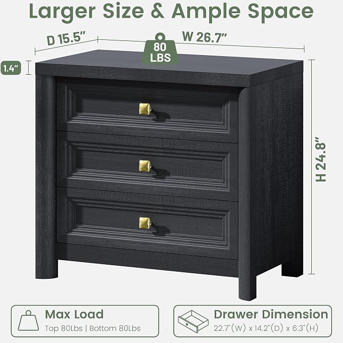Black Night Stand Set of 2, Farmhouse Nightstand with 3 Drawers, 24.8” Tall Nightstand with Gold Knobs, Wood Bedside Table for Bedroom, Modern End Table for Living Room Office - Image 3