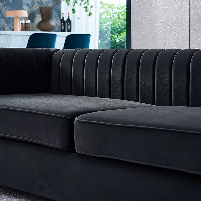KEIKI 84" Velvet Deep Channel Tufted Sofa with Back Cushions and Rolled Arms, Modern Style 3-Seater Couch with Golden Polished Steel Legs, Easy Assembly, for Living Room, Bedroom, Office, Black