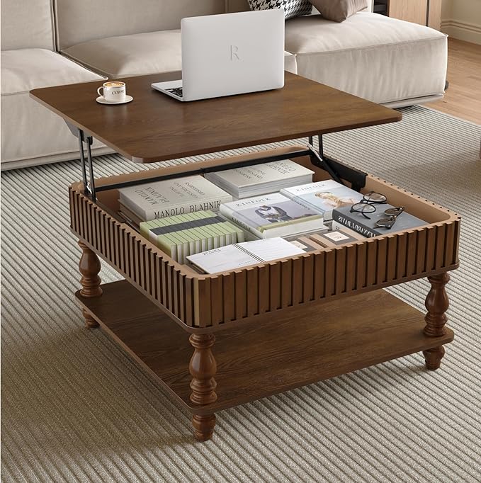 31.5" Square Lift Top Coffee Table with Storage Modern Fluted Coffee Tables with Lifting Top, Farmhouse Solid Wood Center Table with Table Legs for Living Room, Apartment or Office (Walnut)