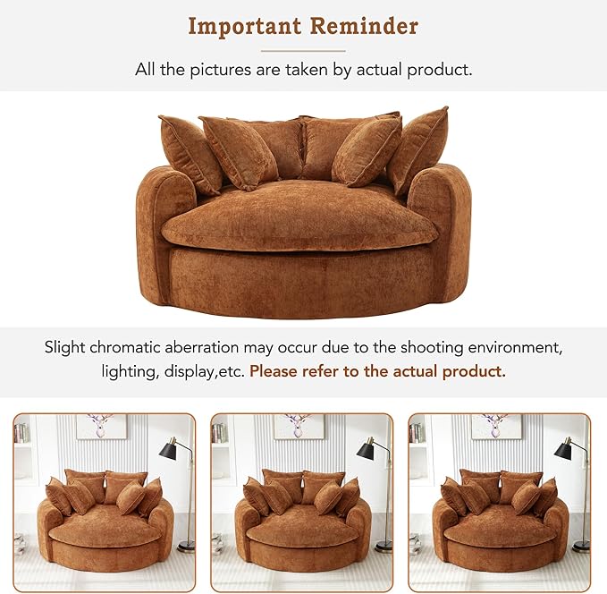 Merax 59.8" Full-Compressed Round Chaise Sofa, Boneless Loaf Style Chenille Upholstered Sofa Bed with 8 Throw Pillows for Living Room, Orange