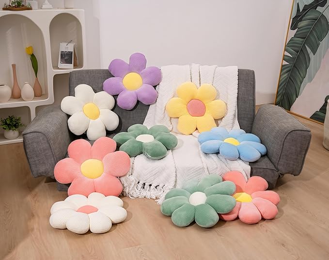 Daisy Flower Pillow, Floor Pillows, Sage Green Flower Shaped Throw Pillow Cushion for Sofa, Couch, Chair, Bed, Home Decor (1, Green, 15.35In)