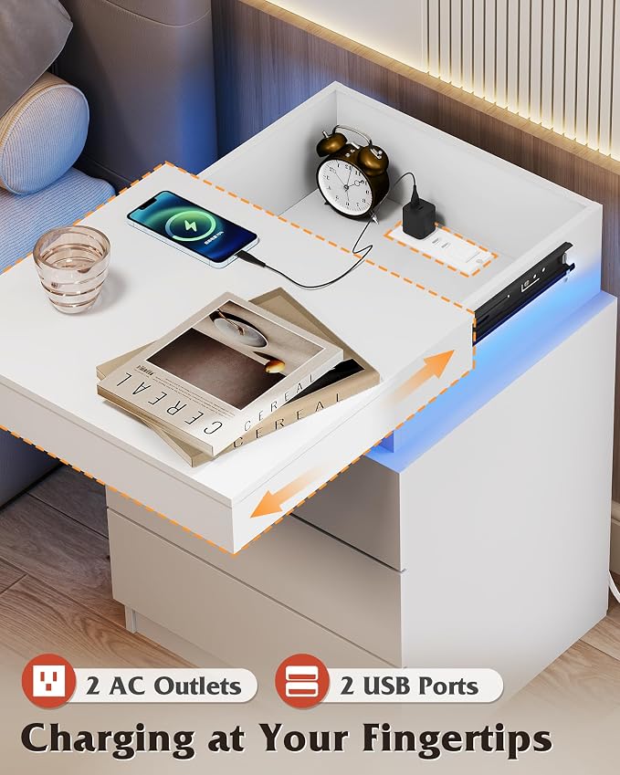 WLIVE Nightstand Set of 2 with Charging Station & LED Lights, Modern Night Stand with 3 Drawers and Sliding Top, Bedside Table End Table with Hidden Space for Bedroom, Living Room, White - Image 4