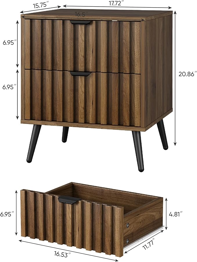 Smuxee Walnut Wooden Night Stand Set of 2, Mid Century Nightstand with 2 Fluted Drawers, Bedside Table with Open Shelf, Modern End Side Table for Bedroom - Image 3