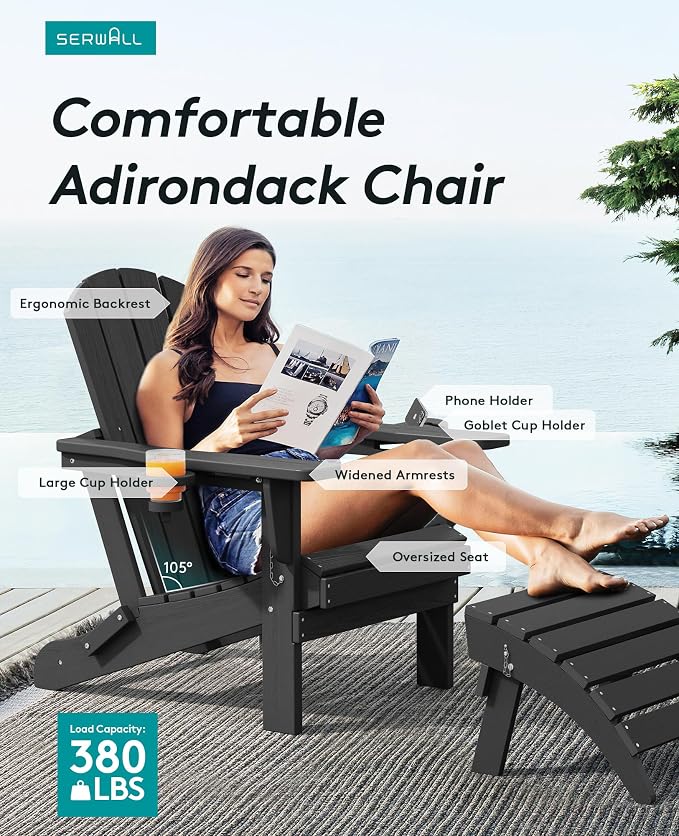 SERWALL HDPE Folding Adirondack Chair with Dual Cup Holder - Composite Adirondack Chair - Black - Image 4
