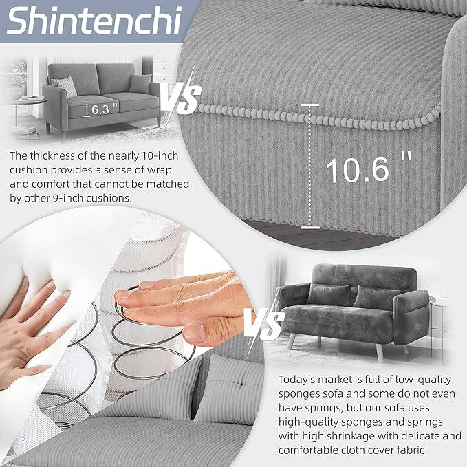 Shintenchi Small Modern Loveseat Couch Sofa, Mid Century Fabric Upholstered 2-Seat Sofa Couch Love Seats Furniture for Small Space,Living Room,Studio,Apartment with 2 Pillows,Light Grey