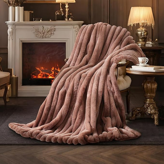 Amélie Home Faux Fur Throw Blanket for Couch, Ultra Cozy Fuzzy Fluffy Fur Luxurious Soft Striped Plush Gift Blankets for Family Sofa Chair Bedroom, 55"x70", Cationic Fox Pink Brown