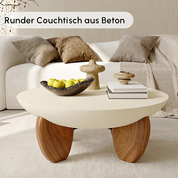 homary Round Concrete Coffee Table with Premium Walnut Ash Wood Legs, Modern Minimalist Cement Finish Center Table for Living Room