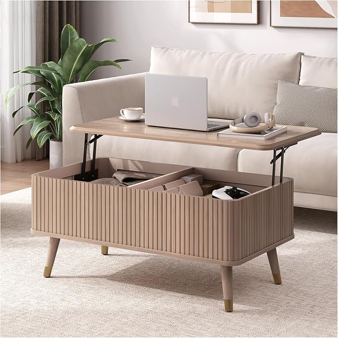 SULIVES Lift Top Coffee Table with Storage,Fluted Coffee Table with Lifting Top,Mid Century Modern Center Table with Solid Wood Legs,Small Coffee Tables for Living Room,Oak