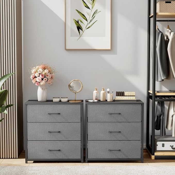 Memobarco Nightstand with 3 Drawers for Bedroom, Storage Dresser with Fabric Drawers and Metal Frame for Closet, Living Room, Bedside Table with Wood Top, Easy Pull Handle, Gray - Image 9