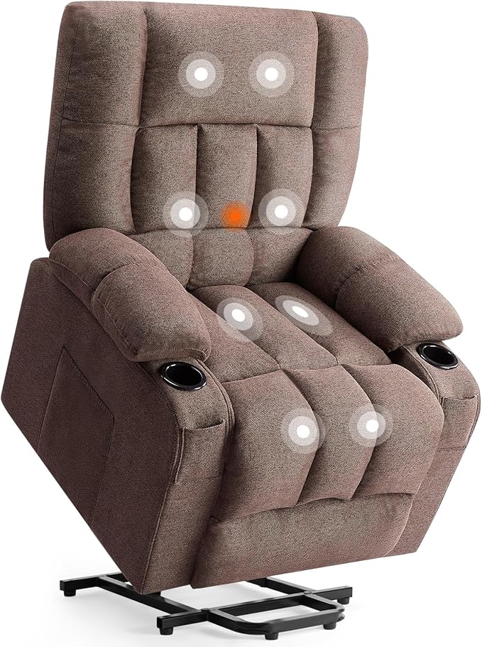 Sweetcrispy Power Lift Recliner Chair with Vibration Massage and Heat for Adults, Ergonomic Overstuffed Breathable Fabric Reclining Chair with Side Pockets, Remote Control, Living Room, Bedroom, Brown