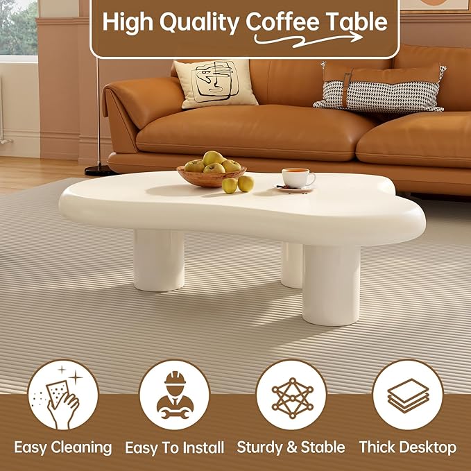 Guyii Cloud Coffee Table, Modern White Coffee Table for Living Room, Cute Irregular Indoor Tea Table with 3 Legs, Easy Assembly (Cream White, 46.06 Inch)