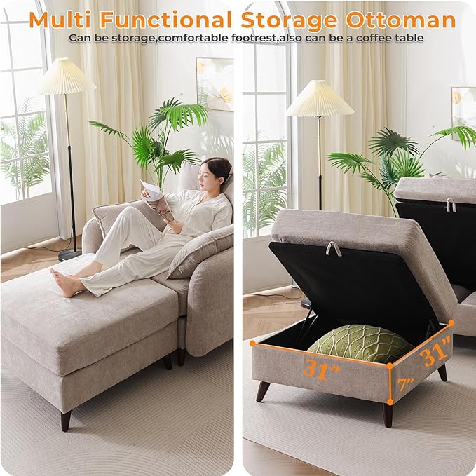 Rexulqo Oversized Accent Chair with Ottoman,All Seats Storage,Comfy Armchair,24.5'' Deep Seat,Upholstered Living Room Chairs,Reading Chair,Lounge Chair for Bedroom,Office,Chenille,Khaki