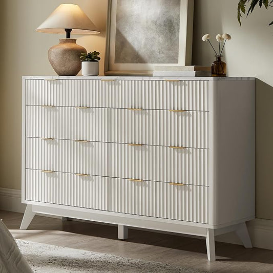 T4TREAM Fluted 9 Drawer Dresser, Modern Chest of Drawers with Faux Marble Top, Curved Profile Design, Dresser TV Stand, Wood Drawer Organizer for Bedroom, Living Room, Hallway, Solid White by T4TREAMFurniture