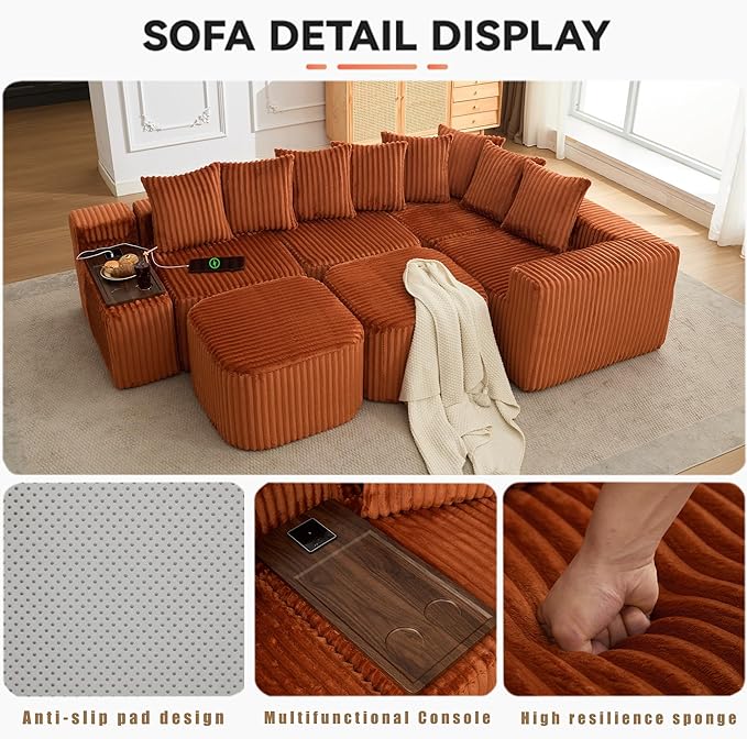Oversized Cloud Modular Sectional Sofa Boneless Couch with Movable Ottomans,Free Combination Memory Foam Floor Couch with Charging Port & Cup Holders for Living Room | Coffee Table Board, Wireless Charge, No Assembly