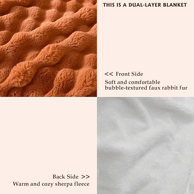 60x80 Inches Ultra-Soft Fuzzy Faux Fur Plush Twin Size Blanket - Thick, Warm Sherpa for Couch, Sofa, Bedroom, Camping - Decorative Blanket for Cozy Warmth, Bubble Rust