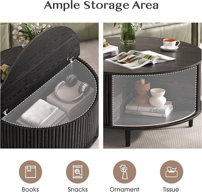 SULIVES Black Round Coffee Table with Storage, 31.5" Wood Drum Table, Fluted Circle Center Table for Living Room, Modern Mid Century Furniture with Sliding Door