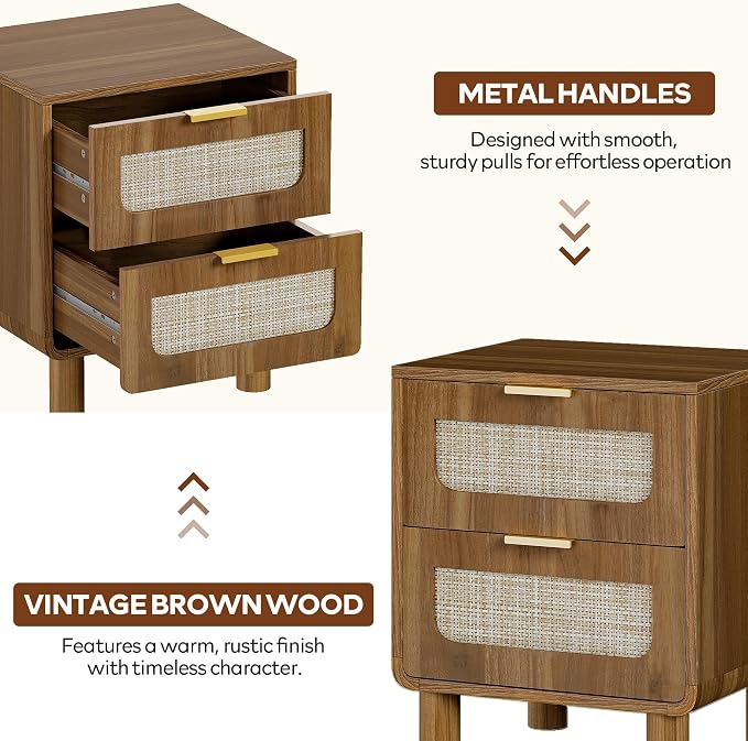 LAZZO Set of 2 Nightstands Wooden Night Stands with Rattan Drawers Home Bedside End Table for Bedroom - Image 5
