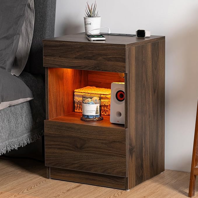 HOMMPA Set of 2 Open Shelf LED Nightstands with Charging Station Dark Walnut 2 Drawers Bedside Tables with Led Light Night Stands with Storage Smart Nightstads Wood Night Table Mid Century for Bedroom - Image 7