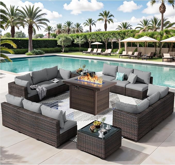 Patio Furniture Set 15 Pieces with 44" Fire Pit Table, Rattan Outdoor Sectional Conversation Sets, All Weather Outdoor Furniture Set with Cushions for Garden Lawn Balcony Porch Deck Grey