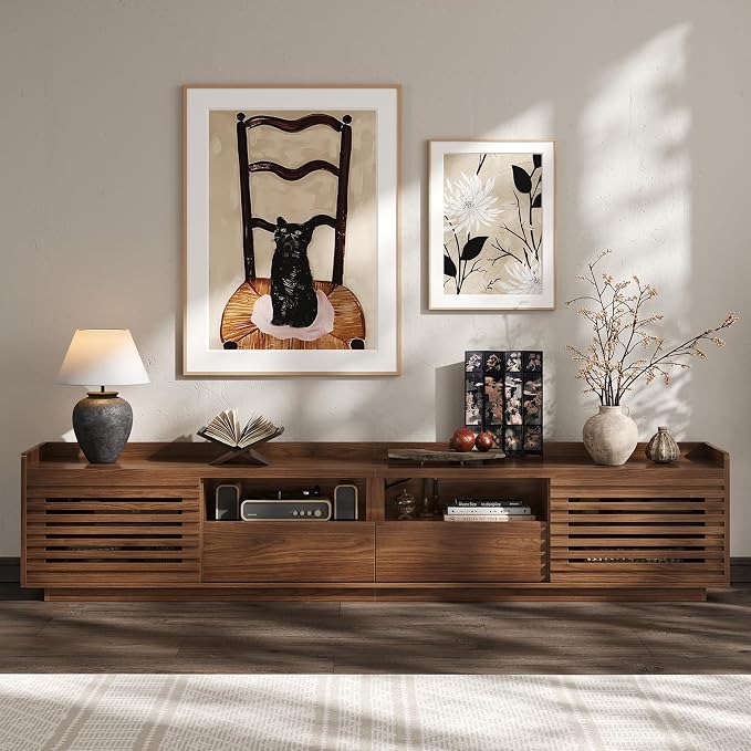 ONBRILL 78.7" TV Stand for TVs Up to 85", Mid-Century Modern Entertainment Center with Sliding Doors and Adjustable Shelves, Media Console TV Cabinet with Drawers for Living Room (Walnut) - Image 8