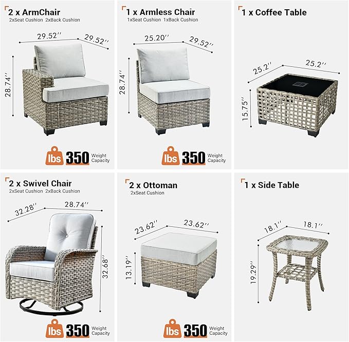 ovios 9 Piece Patio Sectional Furniture with Swivel Rocking Chairs, Rattan Wicker Coversation Set with Glowing Coffee Table, Outdoor Sofa Set for Outside Porch Balcony Backyard Pool, Light Grey