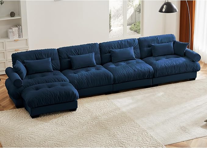 KEIKI 166" L-Shaped Oversized Velvet Modular Sectional Sofa with 1 Ottoman, High-Density Foam Cushions and Bolstered Armrests, Upholstered 4-Seater Cloud Couch with 6 Pillow, for Living Room, Blue