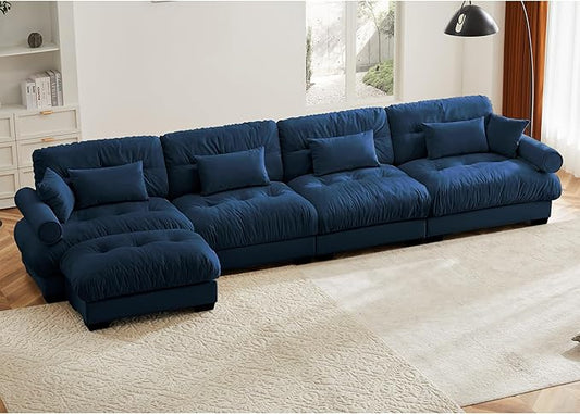 KEIKI 166" L-Shaped Oversized Velvet Modular Sectional Sofa with 1 Ottoman, High-Density Foam Cushions and Bolstered Armrests, Upholstered 4-Seater Cloud Couch with 6 Pillow, for Living Room, Blue
