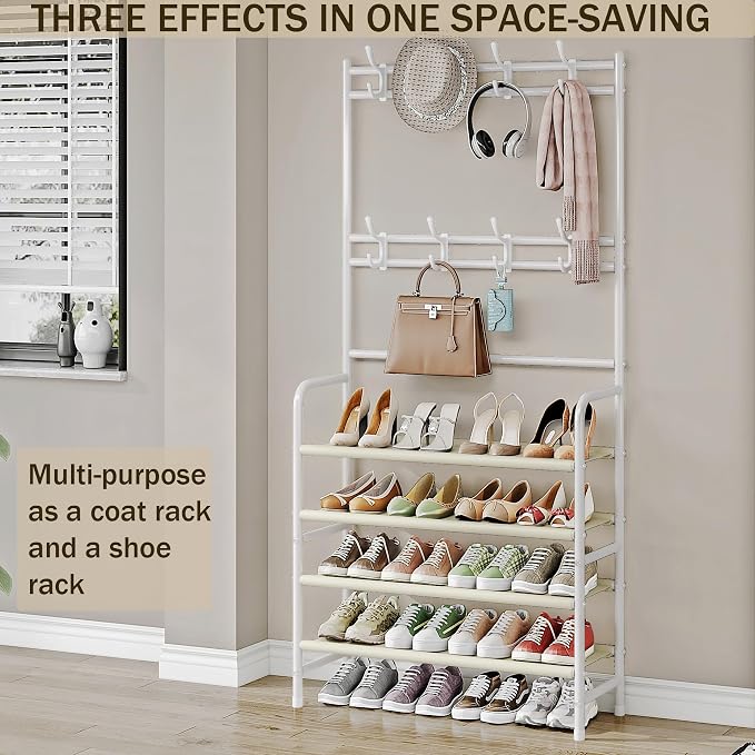 Coat Rack Shoe Rack With Storage Shelf Freestanding with 8 Hooks for Entryway Bedroom Closet (White, 4Tiers) - Image 3