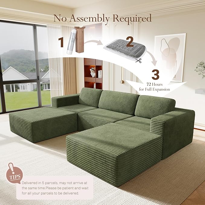 Vesgantti 119" Oversized U-Shaped Modular Sectional Sofa, Corduroy Cloud Couch with Deep Seating & Spring Support, Convertible Sofa with 2 Ottomans, Boneless Couch, No Assembly Required, Green