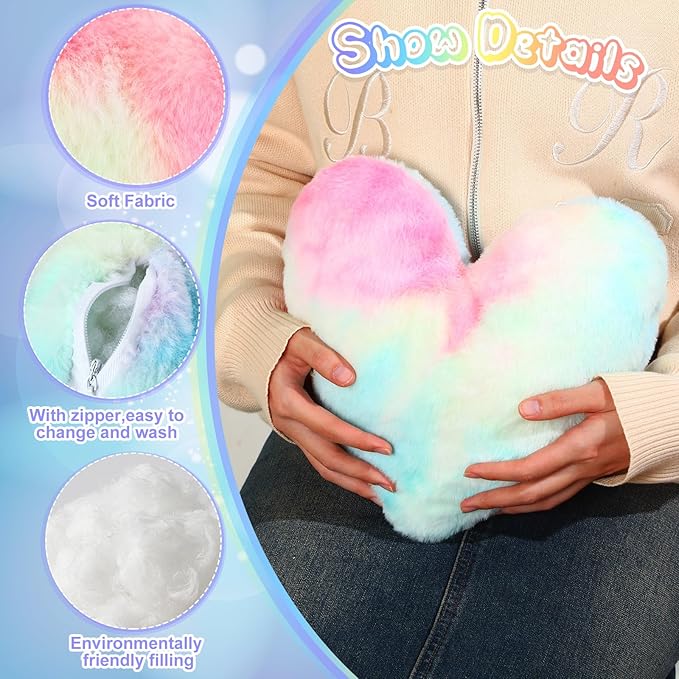 Marsui 2 Pcs Heart Throw Pillows, Soft Fluffy Faux Fur Decorative Hearts Shaped Pillows for Living Room Sofa Bed, Cute Heart Themed Gift for Women(Colorful,11.81 x 11.02 Inch)