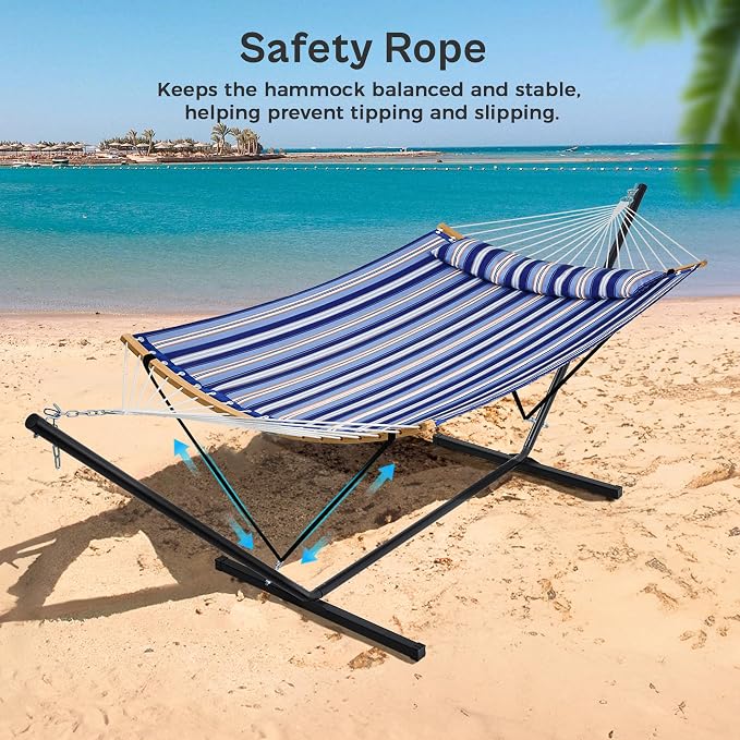SUPERJARE Hammock with Stand, 2 Person Heavy Duty Hammock with Padded Cotton, Detachable Pillow & Strong Curved-Bar & Portable Carrying Bag, Perfect for Outdoor & Indoor, Navy Blue Stripe - Image 5