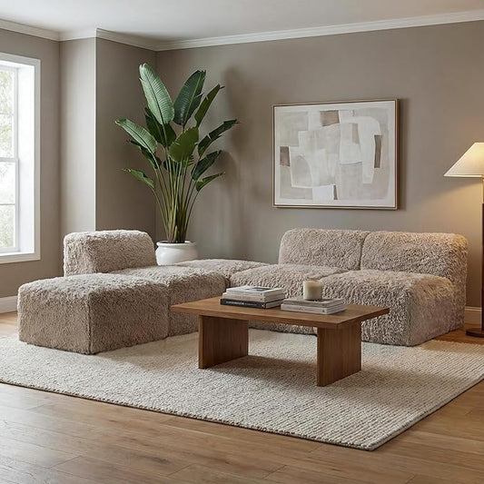 Furniture of America Havyn Modern Faux Fur 5-Seater L-Shaped Modular Armless Foam Sectional Sofa with Ottoman, Compressed Couch in a Box, No Assembly Required, for Living Room and Office, Taupe