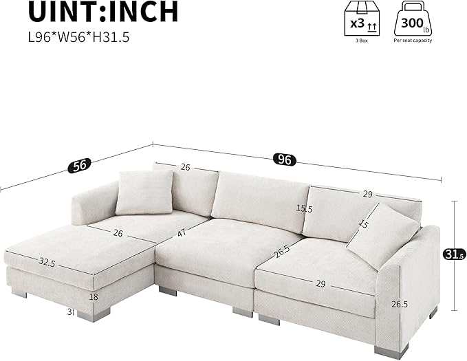 Deep Seat Oversized L Shaped Modular Sectional Sofa with Extra Wide Chaise, 4 Seater Cloud Lounge Sofa Corner Couch with Metal Legs and Detachable Cushions for Living Room Apartment, Chenille Fabric