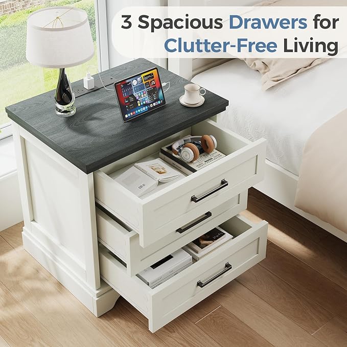 DUMOS Nightstand with Charging Station, Woode Farmhouse Bedside Table with 3 Drawers, Wood End Table, Modern Side Table for Bedroom, White - Image 4